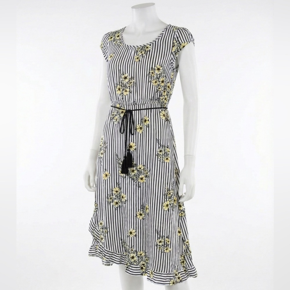 Art Class Girls Dress Black White Striped Floral Ruffle Sleeve Tie Waist